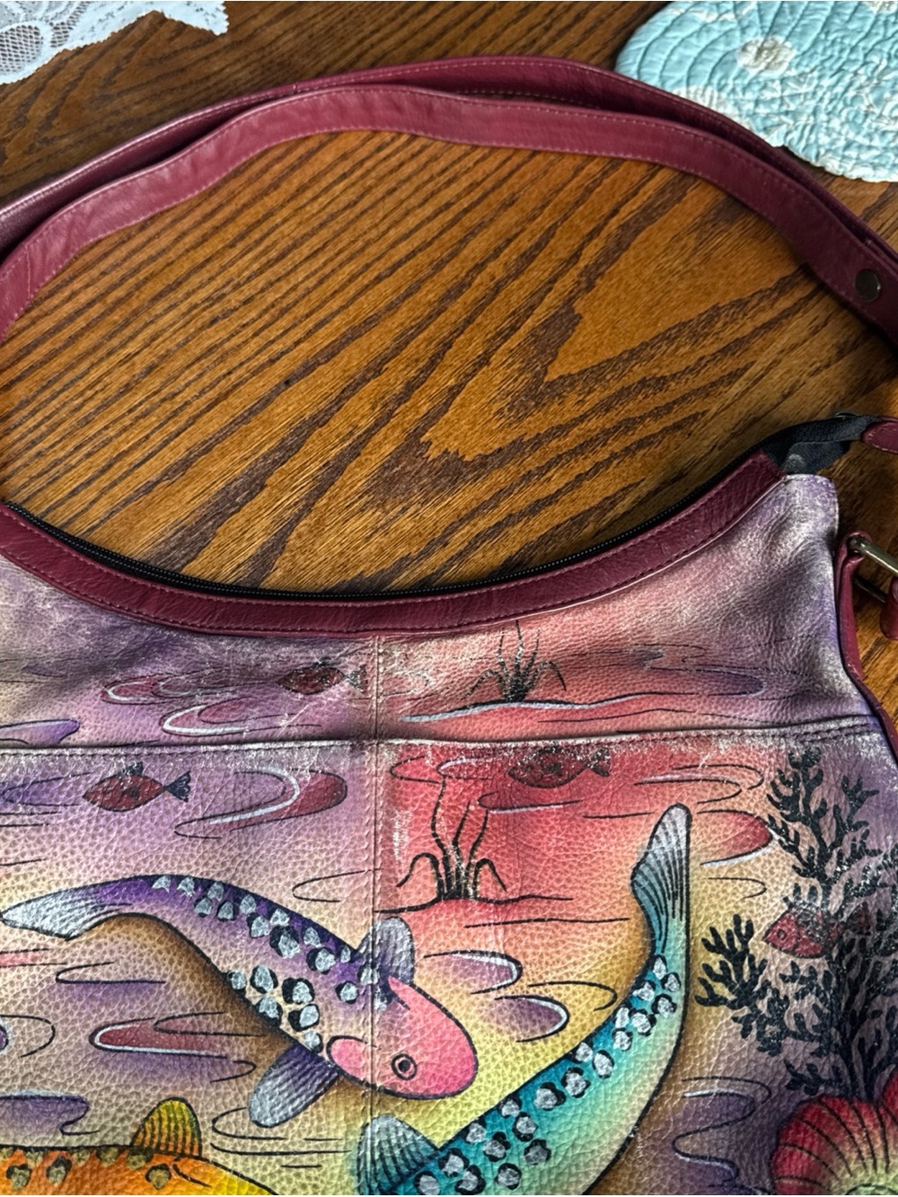 Anuschka Pink Floral hand painted Shoulder Bag